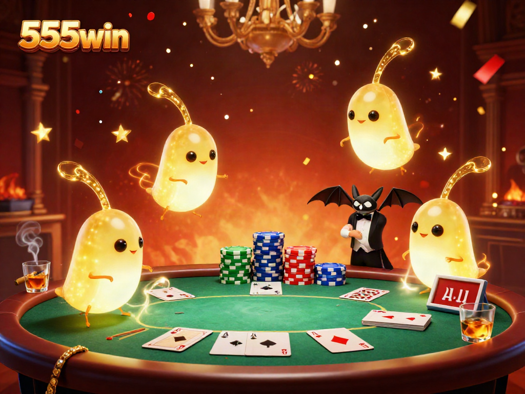Experience excitement at 555win with glowworms illuminating an action-packed poker scene.