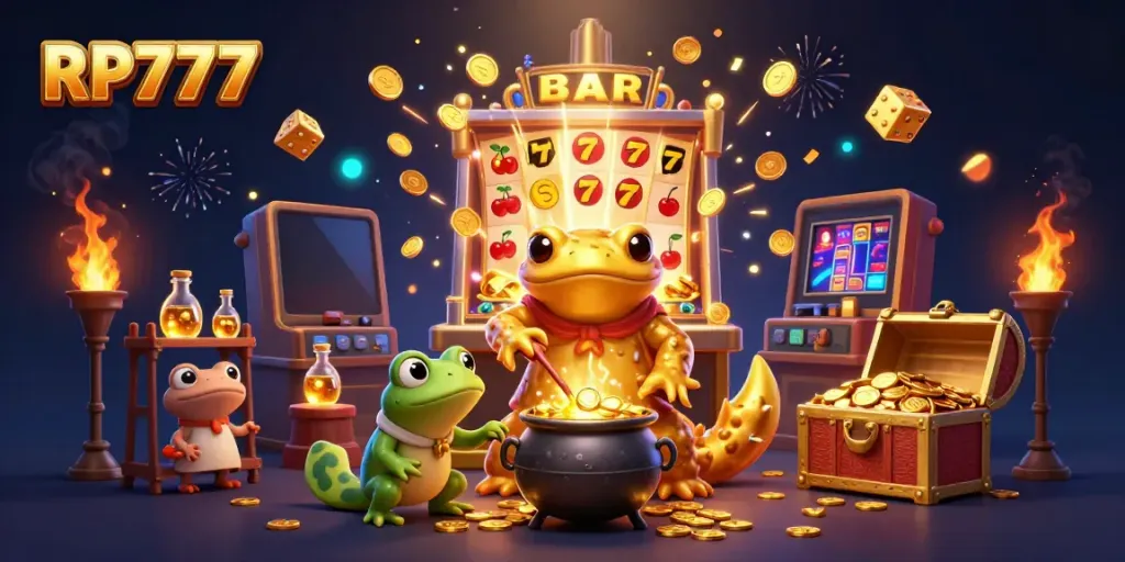 Experience the magic of RP777 with a golden salamander alchemist, mixing gold in a lively casino scene.