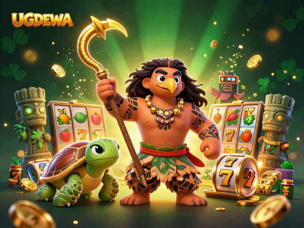 Experience exhilarating slots wins and jackpots with UGDEWA's vibrant cartoon characters and dynamic casino elements.