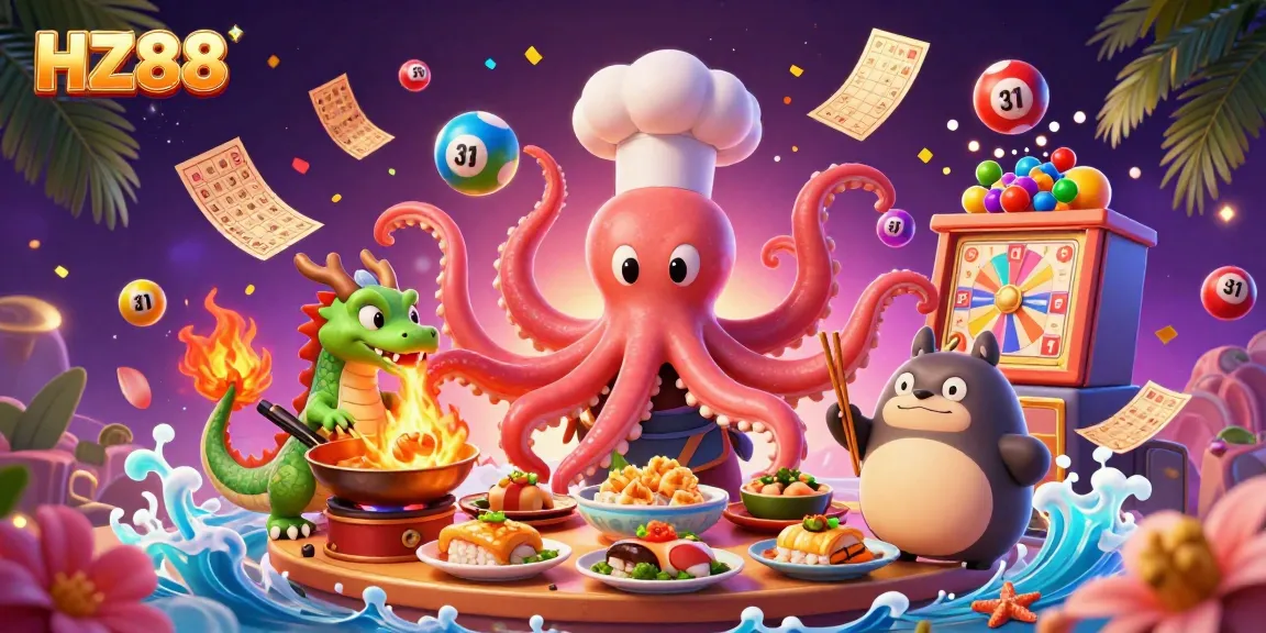 Experience the excitement of HZ88 with a vibrant 3D casino scene featuring a lively octopus chef, dragon, and tanuki amidst colorful gambling elements.