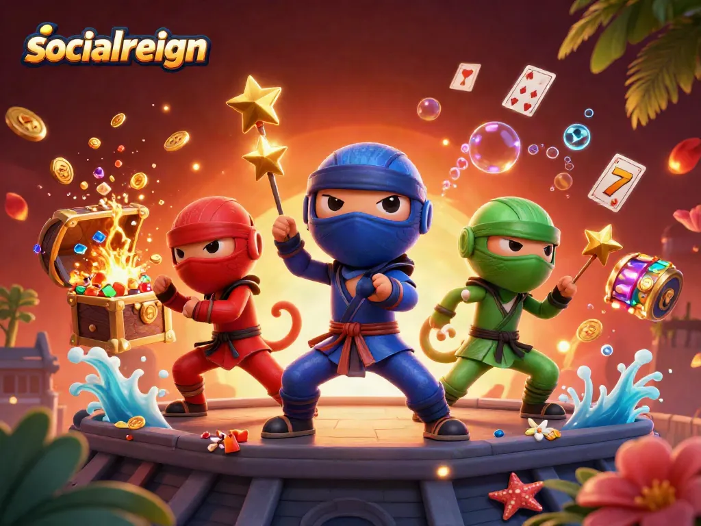 Engage with the vibrant socialreign casino scene featuring chameleons amidst golden jackpots and slot reels.