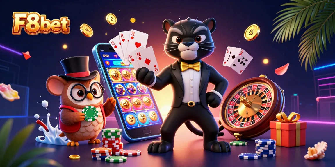 Play with F8bet in a vivid casino scene featuring a tuxedoed panther, casino items, and a vibrant backdrop.