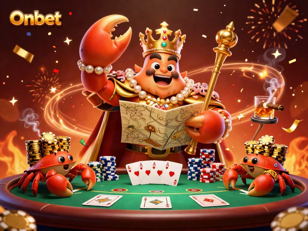 Join the Onbet royal casino adventure with a golden crab emperor amidst vibrant poker action.