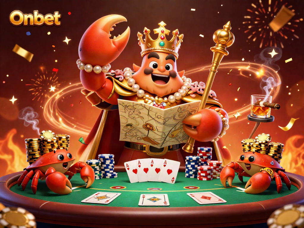 Join the Onbet royal casino adventure with a golden crab emperor amidst vibrant poker action.