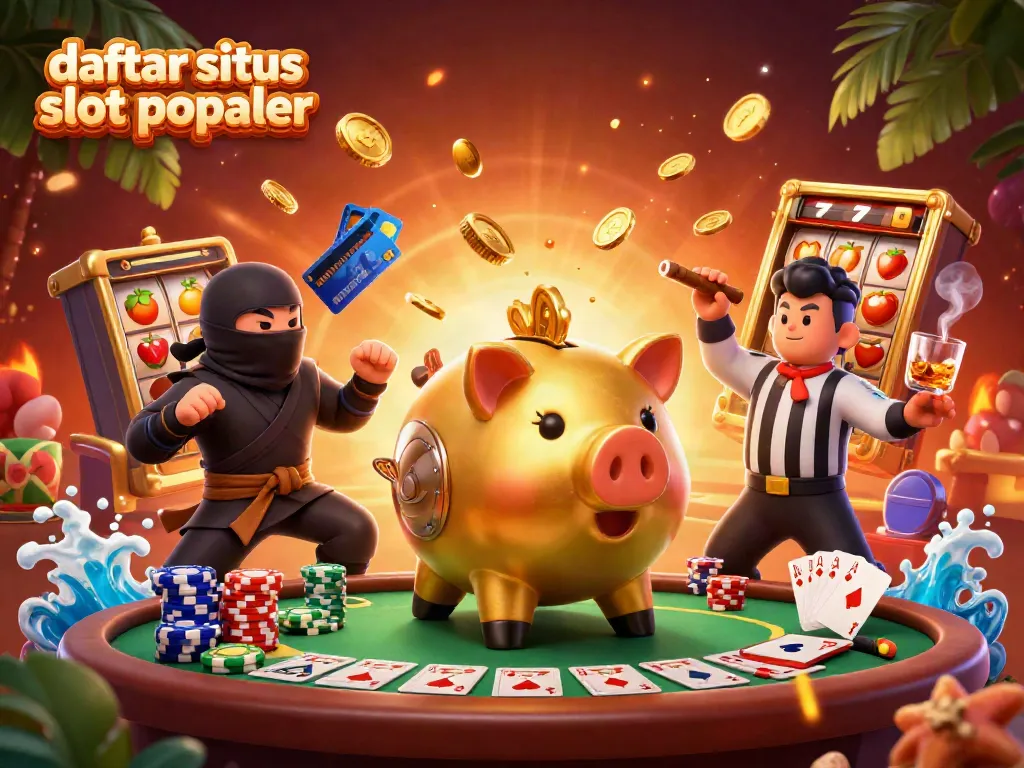 Ilustrasi 3D menarik dari karakter kasino dengan celengan dan ninja, serta slot, menyajikan daftar situs slot populer.
