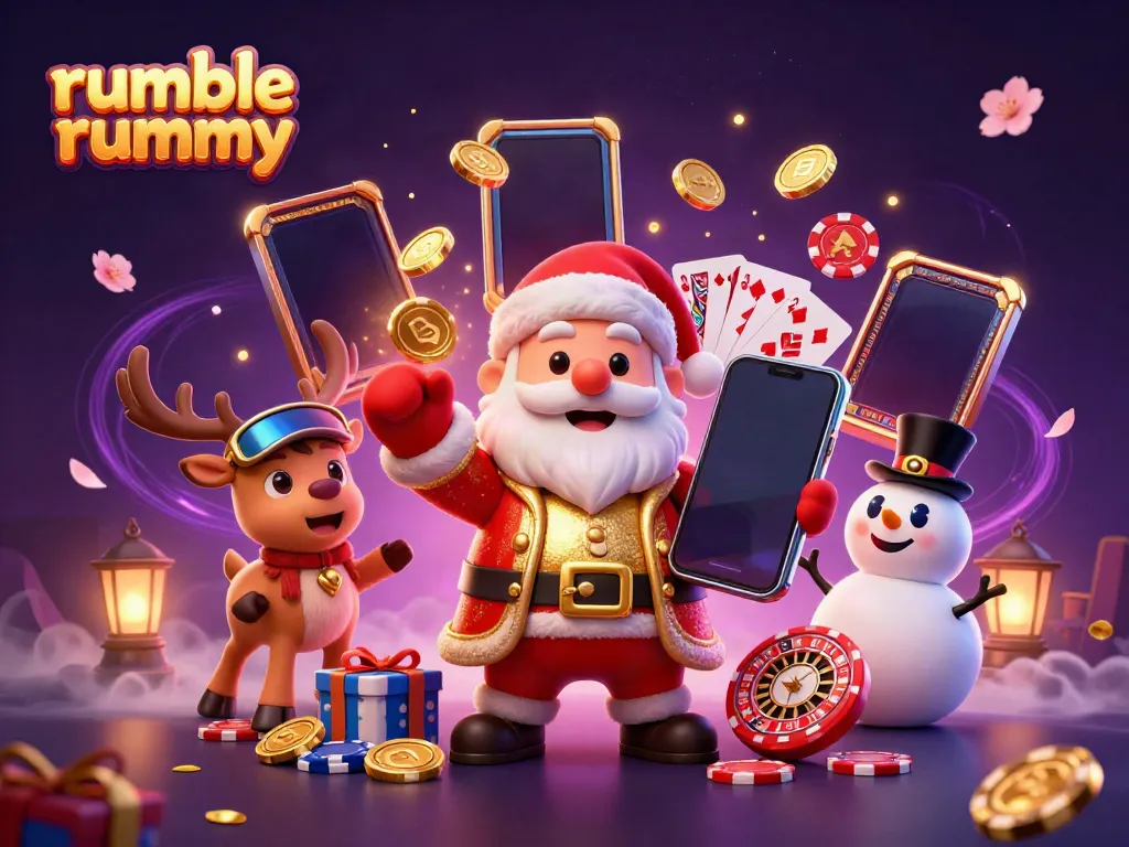 Santa celebrating with the rumble rummy app, surrounded by vibrant casino elements.