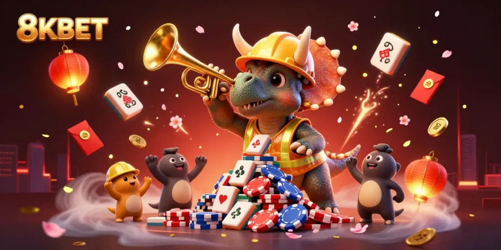 8KBET showcases a fun celebration in a colorful online casino with cartoon characters building fun and excitement.