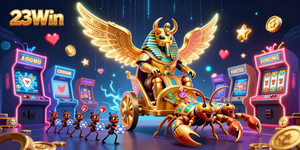 Engage with 23Win's dynamic gaming scene featuring a pharaoh beetle chariot and vibrant slots.