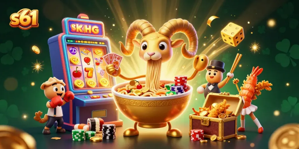 Play and win with the exciting S61 slot game featuring vibrant casino elements and delightful characters.