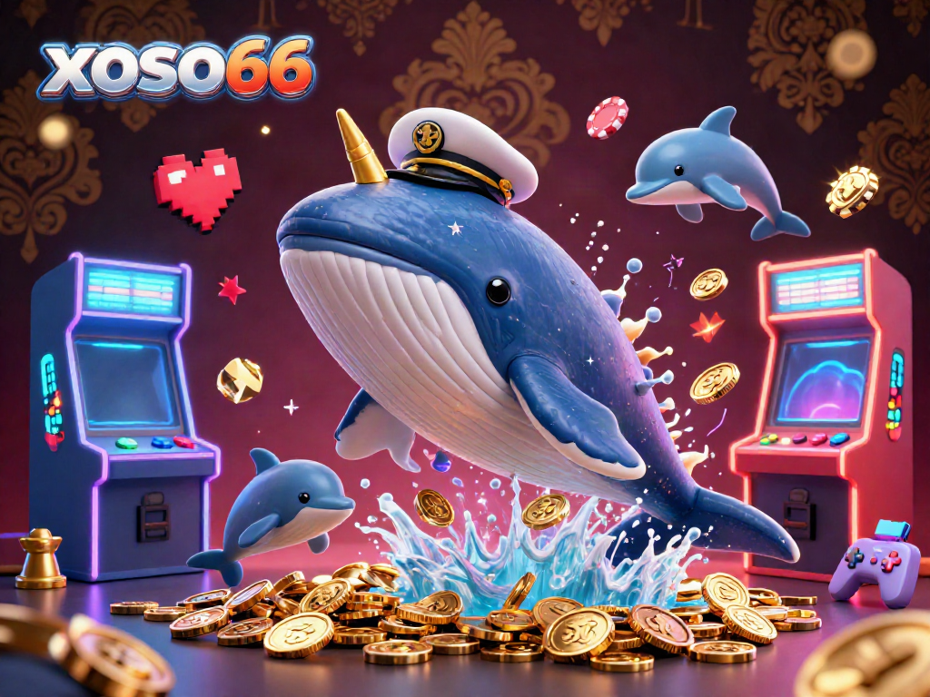 Xoso66 offers an adventurous lottery experience with a whale and dolphins celebrating amidst vibrant gaming elements.