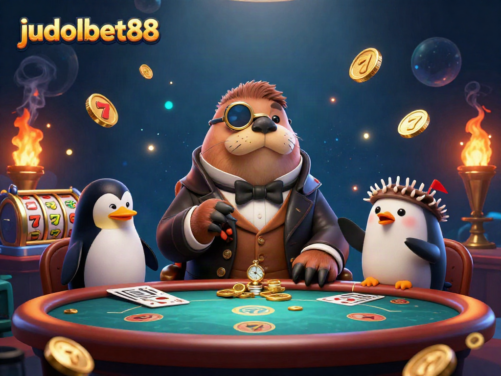 Engage in thrilling gameplay at judolbet88 with an underwater poker scene showcasing a walrus, penguin dealer, and pufferfish!