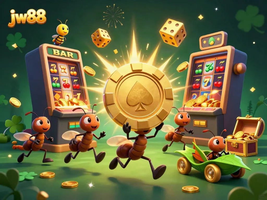 Experience the excitement of jw88 with ants carrying a golden poker chip amidst a jackpot explosion.