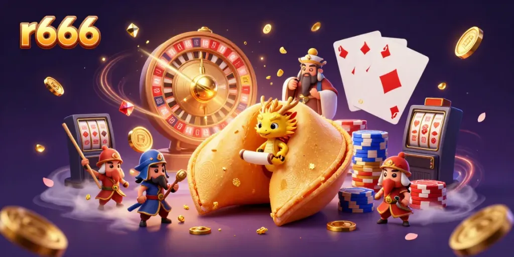 Experience r666's exciting world of games with a golden cookie, dragon, and vibrant casino elements