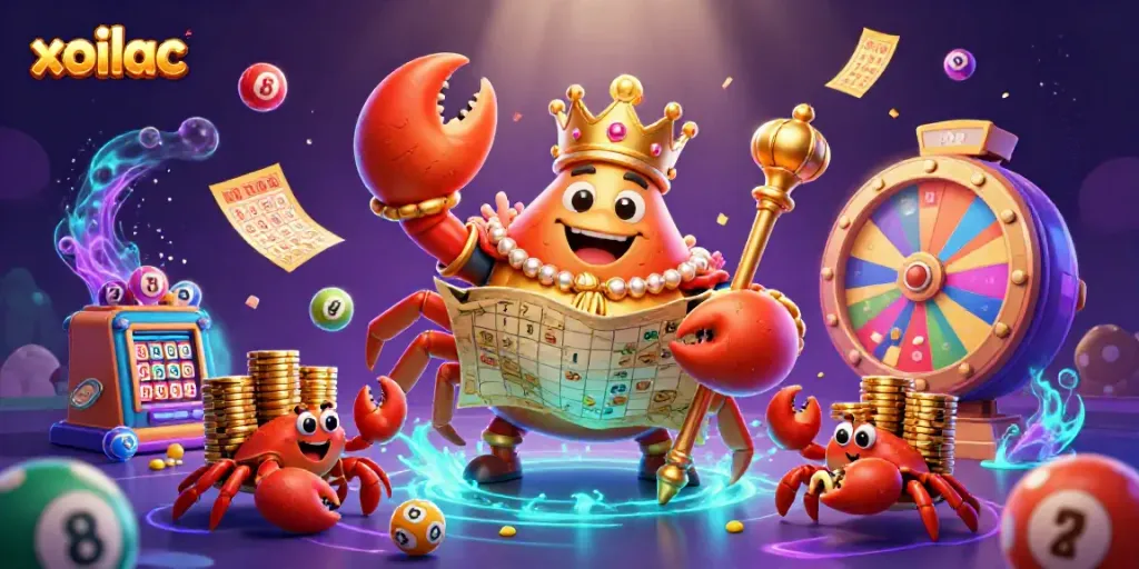 Xoilac featuring a golden crab emperor with a treasure map in a vibrant casino scene