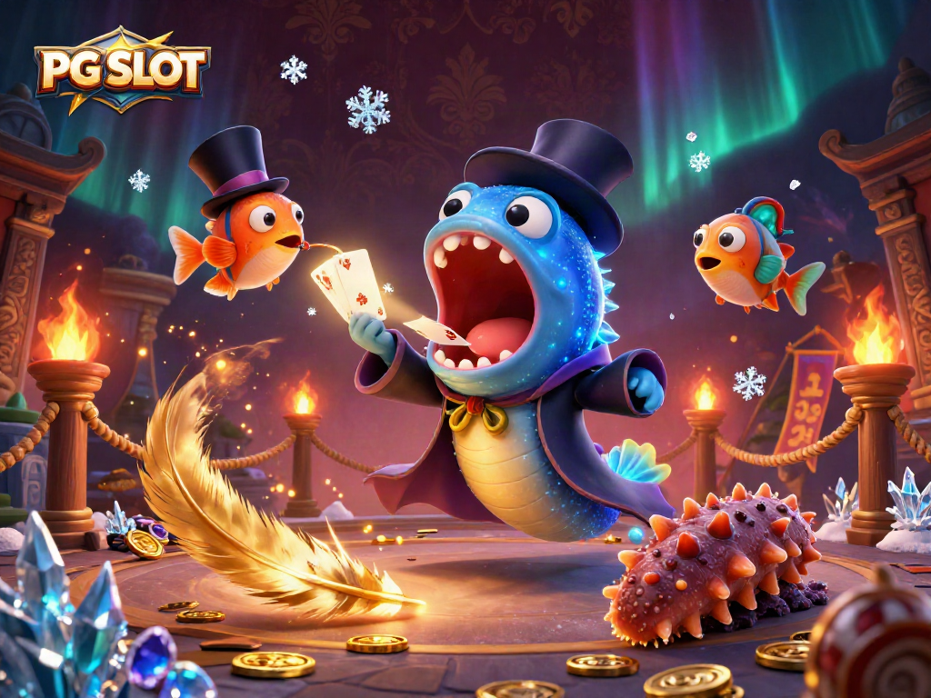 Experience PG SLOT excitement with a bioluminescent eel performing magic tricks surrounded by thrilling casino elements.