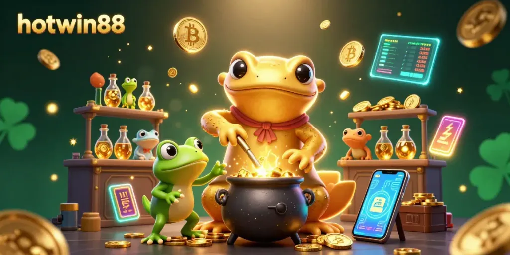 Experience hotwin88 with this vibrant scene of a whimsical alchemist crafting golden treasures in a casino-themed laboratory.
