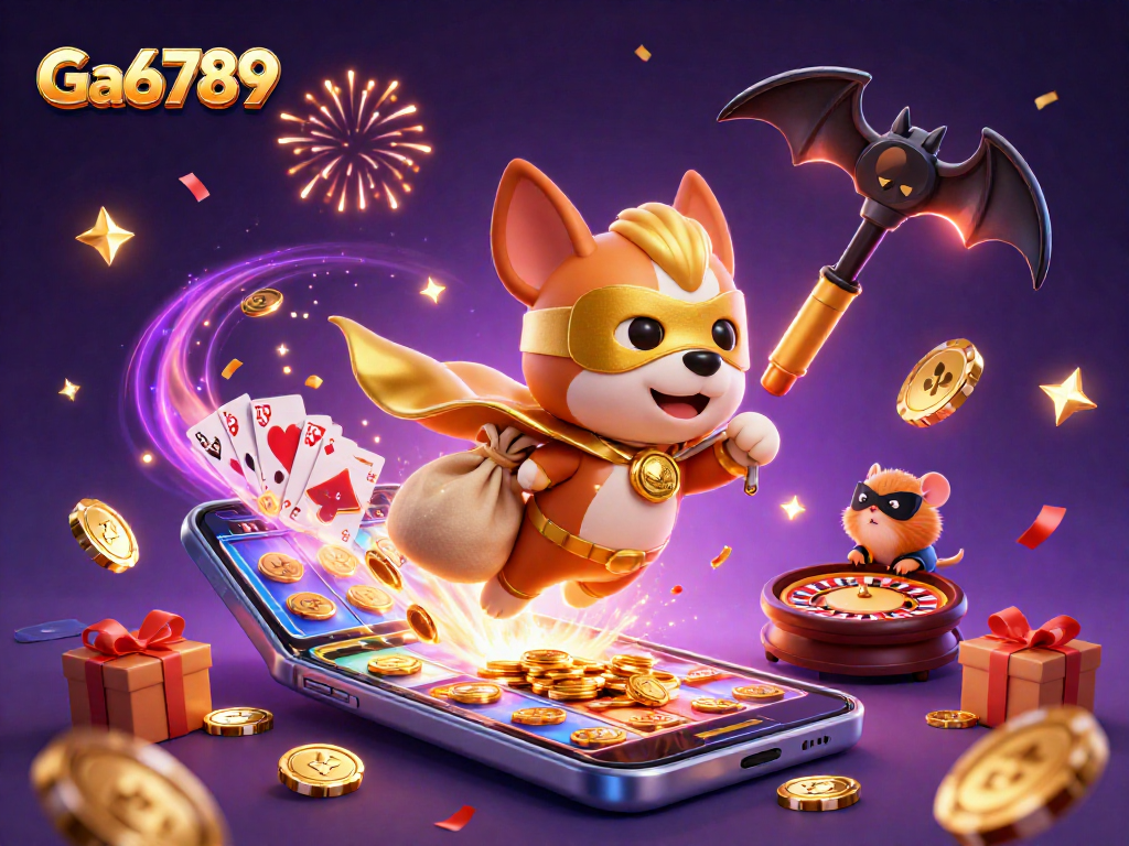 Catch the excitement with Ga6789's 3D illustration of a superhero dog flying amidst colorful casino elements.