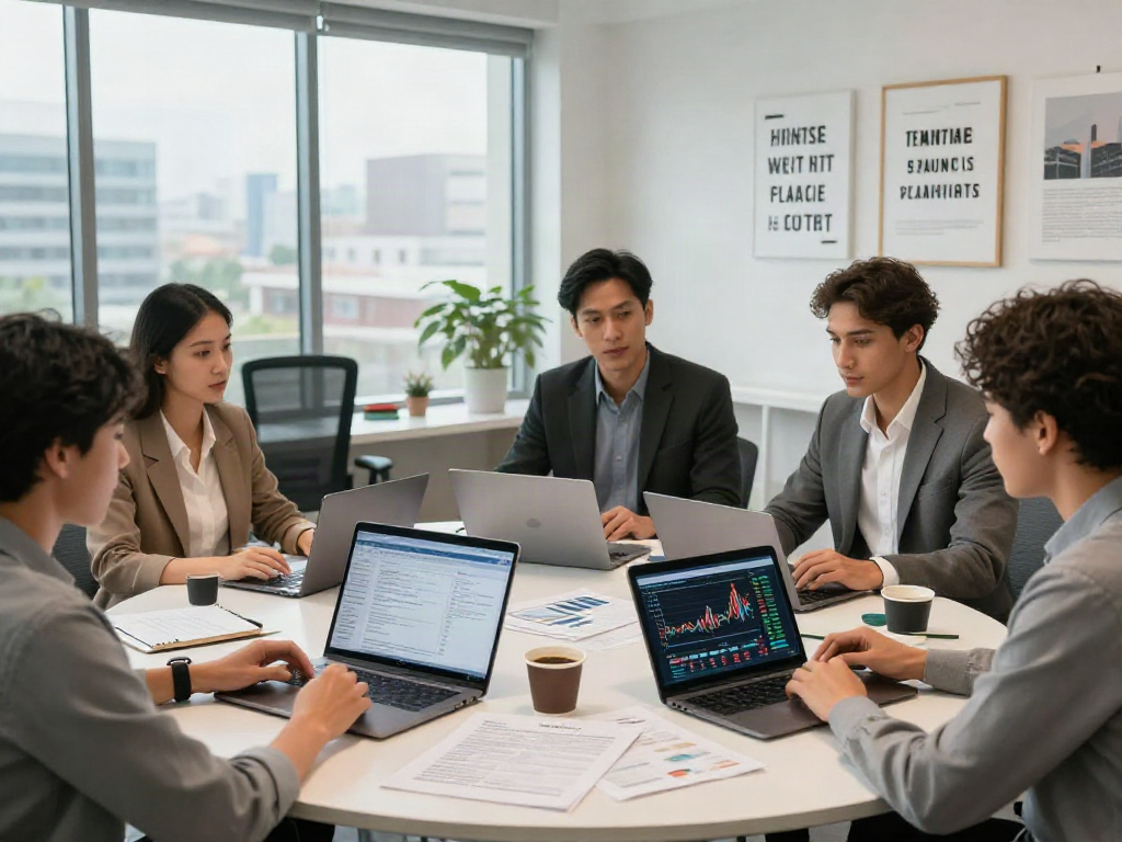 Team collaborating on financial strategies including depo 10k investment analysis in an office.