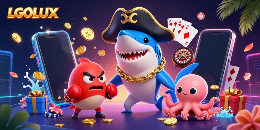 Engage with thrilling slot games at LGOLUX, featuring colorful characters in an exciting casino scene.