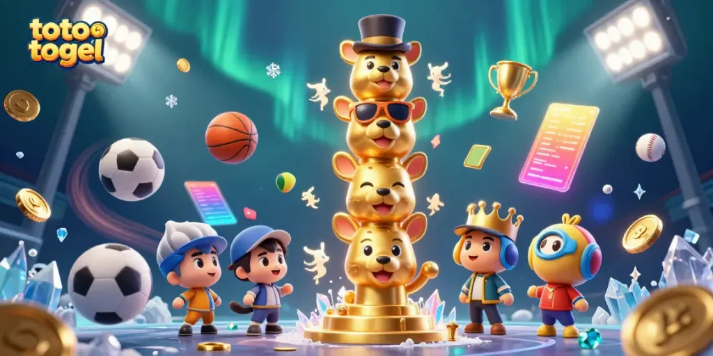 Engage with toto togel through a vibrant 3D illustration showcasing energetic sports themes and casino elements.
