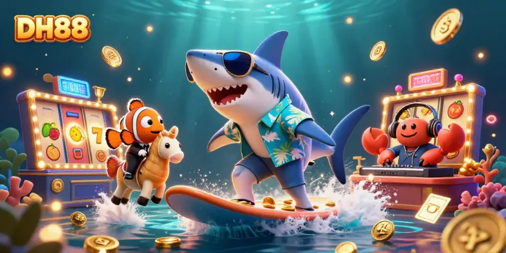 DH88 casino illustration showcasing a shark surfing on gold coins with lively slot machines and gaming elements.