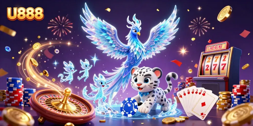Experience the vibrant magic of U888’s casino scene with stunning characters and festive elements.