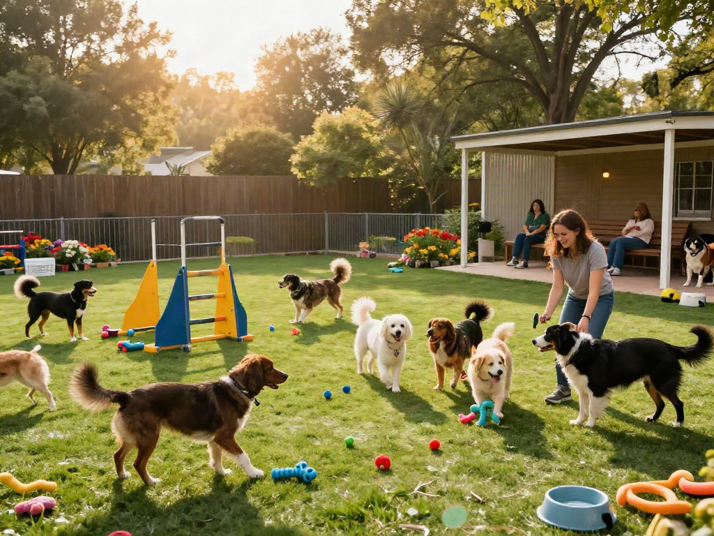 Happy dogs playing at dog daycare, showcasing depo 10k activities for pet enrichment.