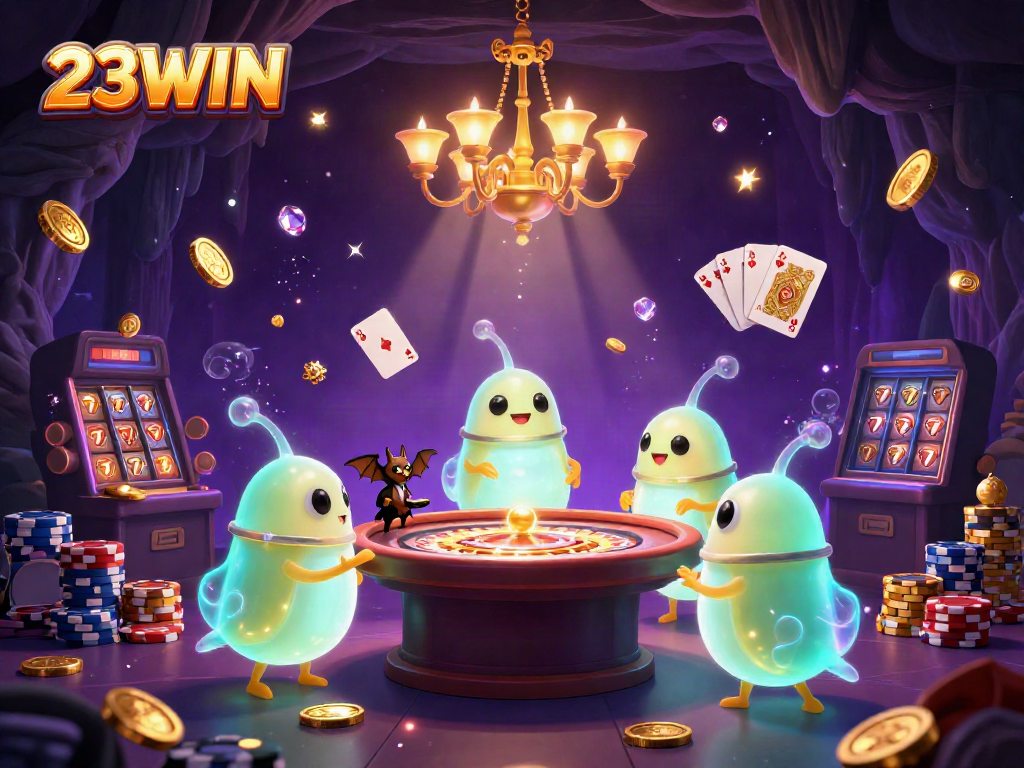 Engage in thrilling games at 23WIN Casino with luminous glowworms and slot reels.