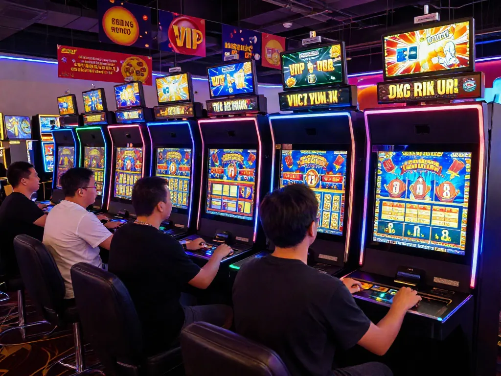 Akunjp gaming terminal scene showcasing lively players immersed in online gambling excitement.
