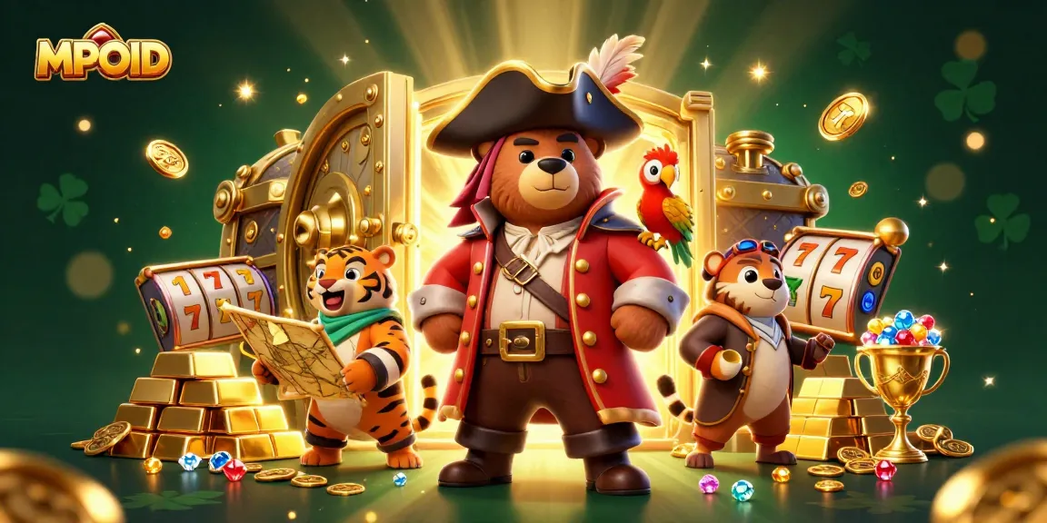 MPOID champions rich gaming adventures with a pirate bear, tiger, and treasures amidst dazzling lights.