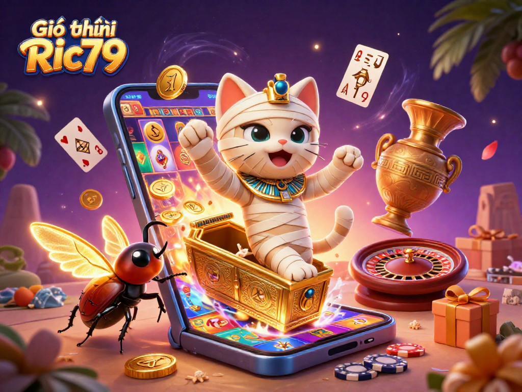 Engage in exciting gameplay with Giới thiệu Ric79 featuring a dynamic 3D illustration of a pyramid casino and captivating characters.
