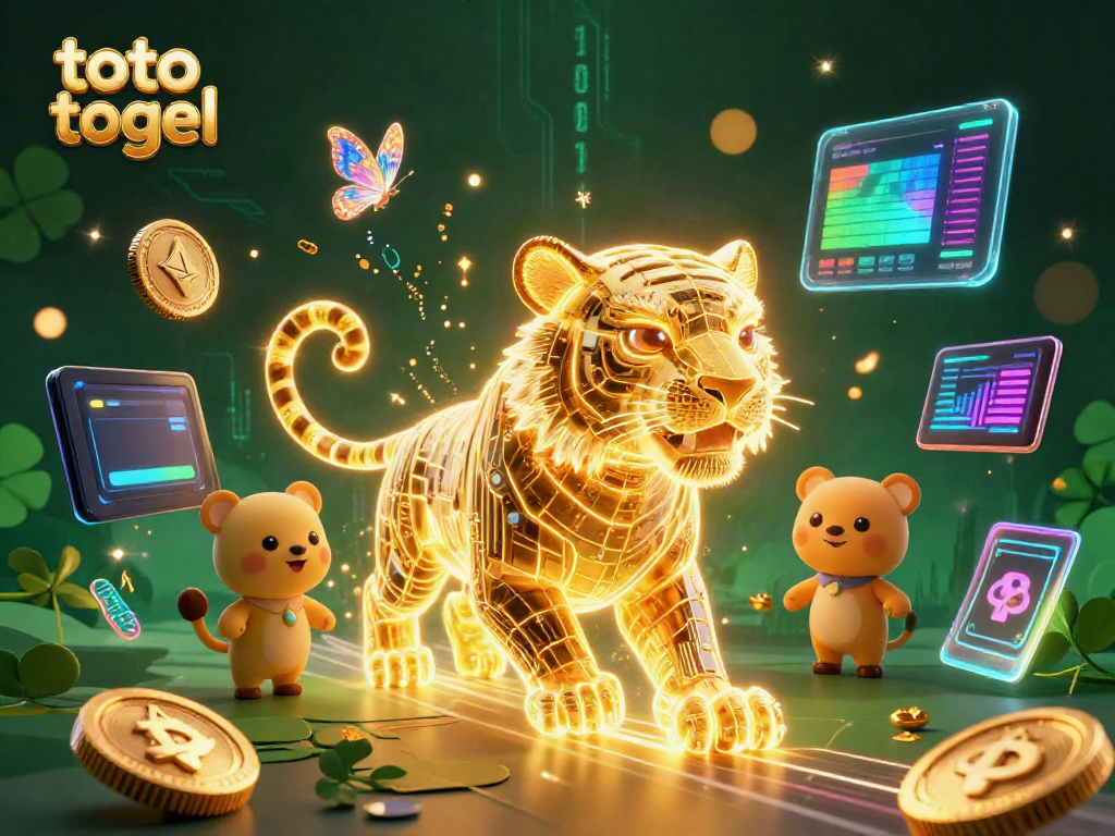 Experience thrilling toto togel gameplay with a neon tiger in a vibrant digital casino landscape.