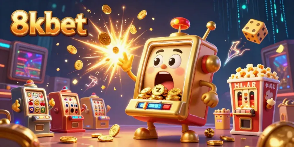 Experience the thrill of 8kbet as a golden slot machine hits the jackpot, exploding with coins and excitement!