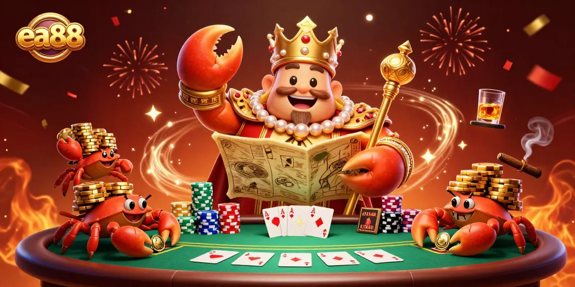 Win big at ea88 with a golden crab emperor leading the poker table, surrounded by riches.