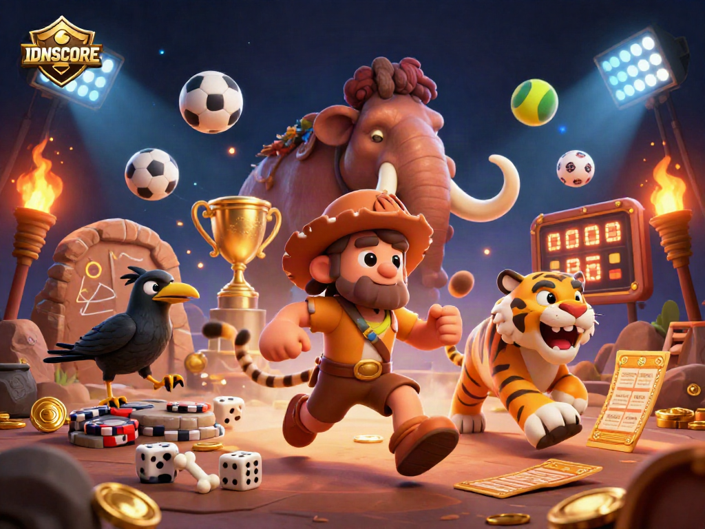 Engage with IDNSCORE at a prehistoric casino featuring dynamic sports balls and stone games.