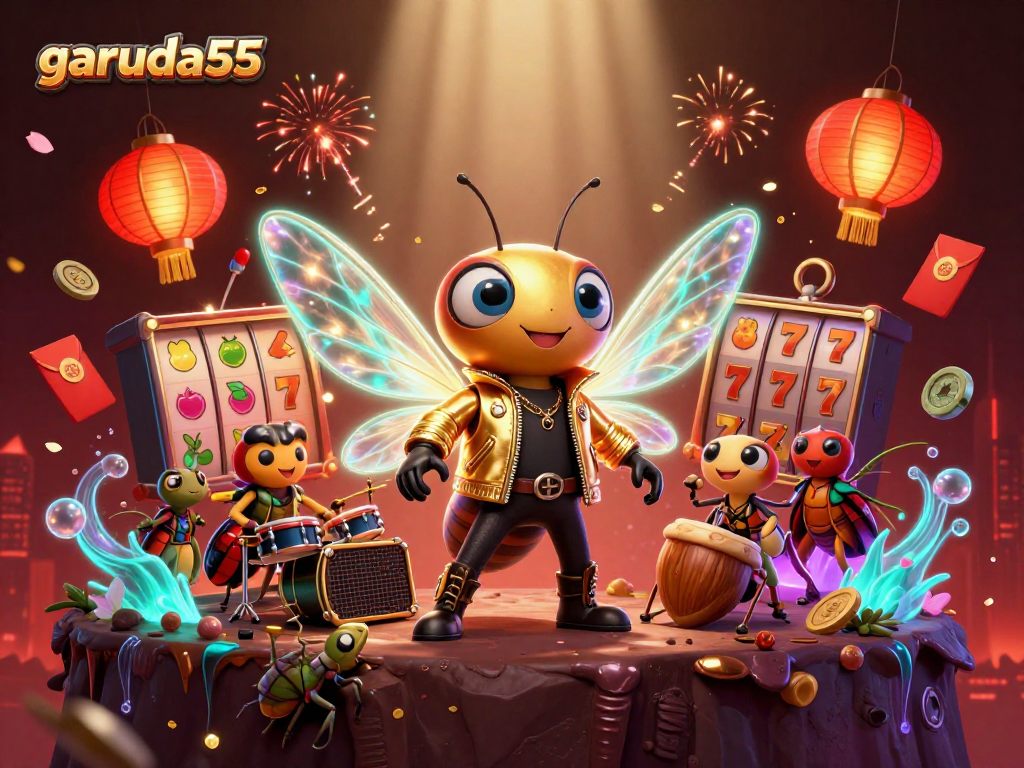 Permainan slot garuda55 dengan cicada rock star berwarna cerah dalam ilustrasi 3D yang dinamis.