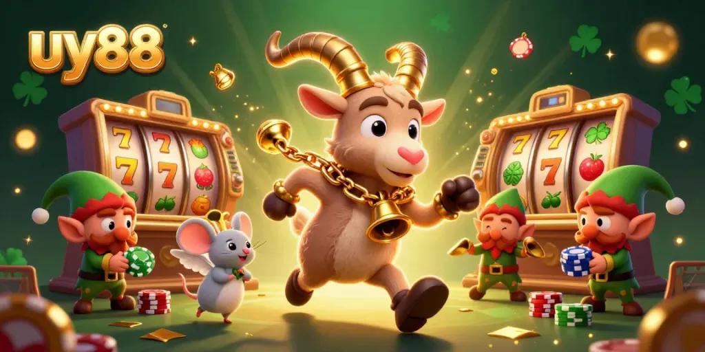 Experience thrilling casino action with uy88 as gremlins steal chips in a festive, horror-themed scene.