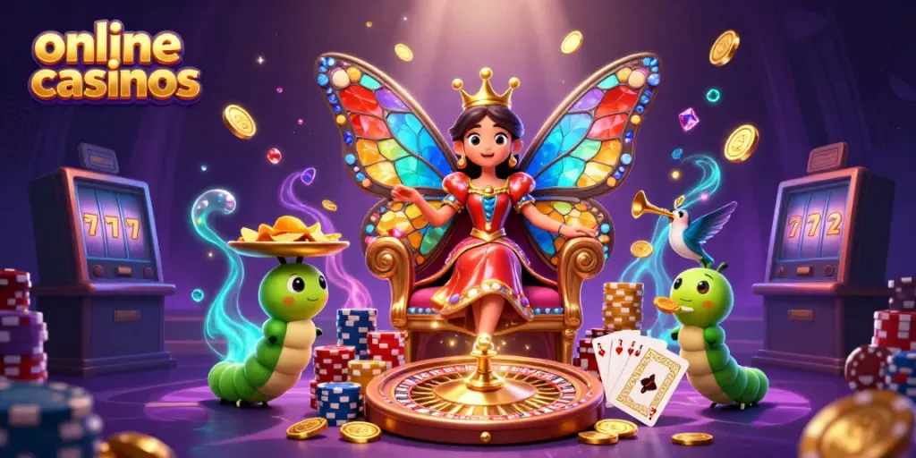Interactive online casinos scene featuring a butterfly queen, casino elements, and vibrant colors.