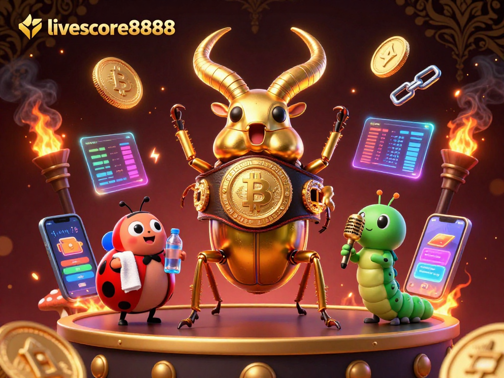 Experience the exciting livescore8888 gaming scene with engaging cartoon characters and vibrant crypto elements.