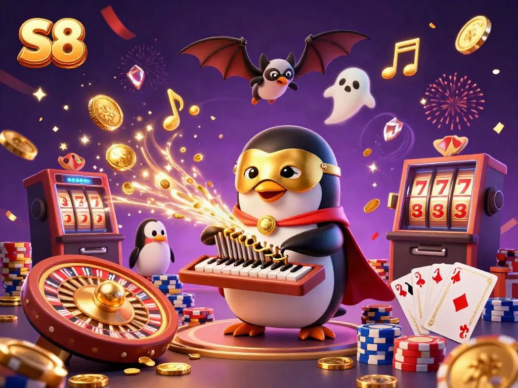 Experience the thrills of S8 with a vibrant illustration of penguins, gold coins, and casino elements.