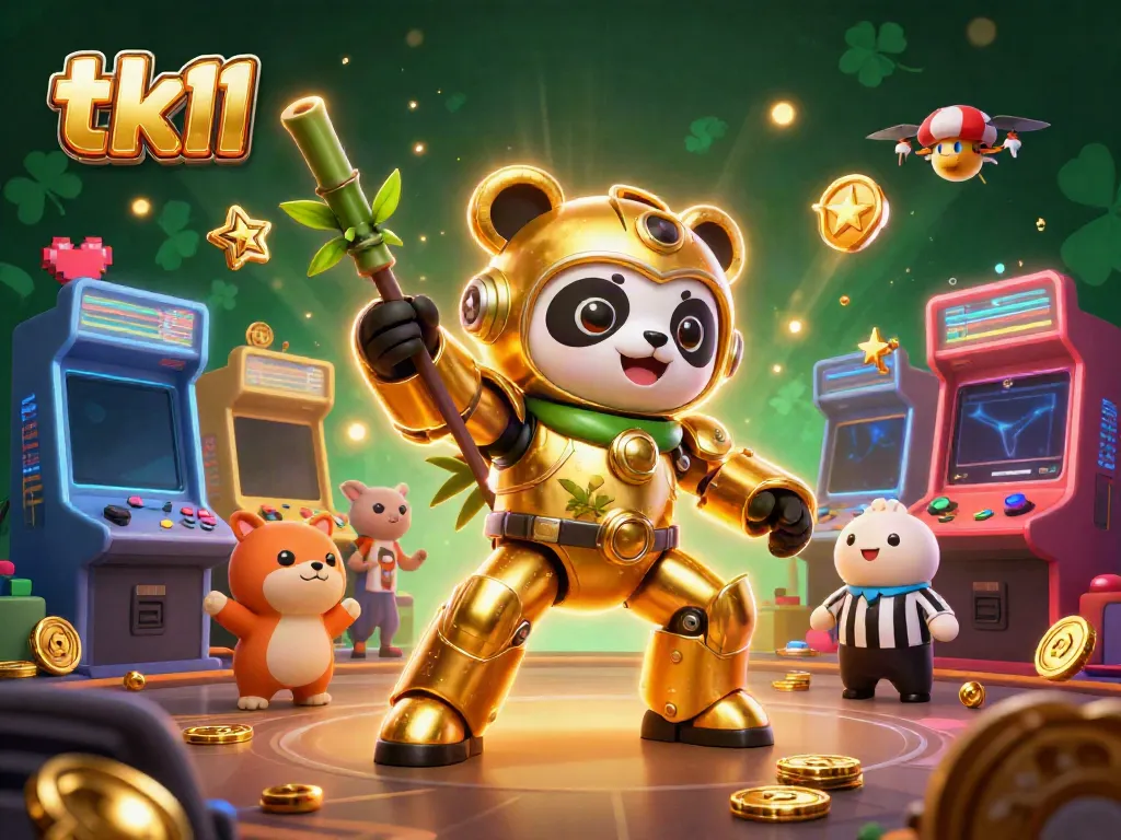 Engage in thrilling gameplay with tk11's colorful, action-packed casino arcade scene featuring dynamic characters and game elements.