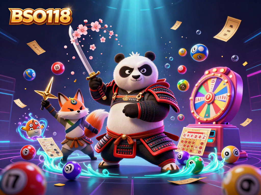 Experience the excitement of BSO118 with a dynamic scene featuring a samurai panda, ninja fox, and spirit tanuki amidst colorful gaming elements.