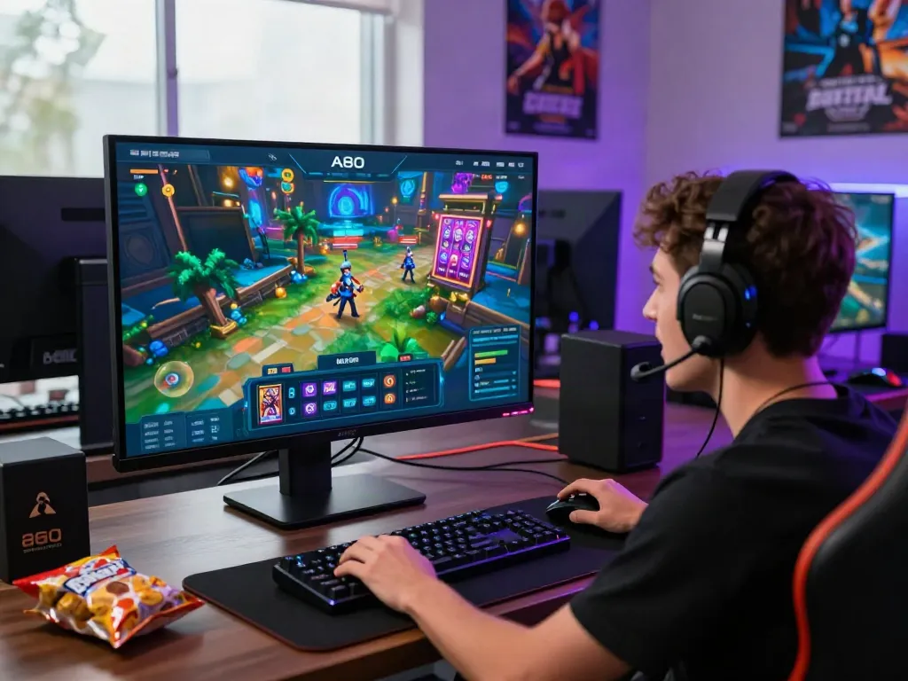 A80 gaming platform experience with an enthusiastic player and vibrant game elements in the background.