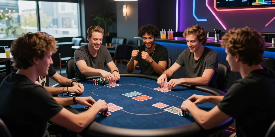 Players engaged in an exciting card game at a modern poker table, chips and cards visible in a lively gaming lounge.