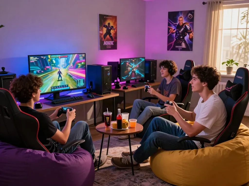 Engaged friends enjoying rokok88 gaming session in stylish living room