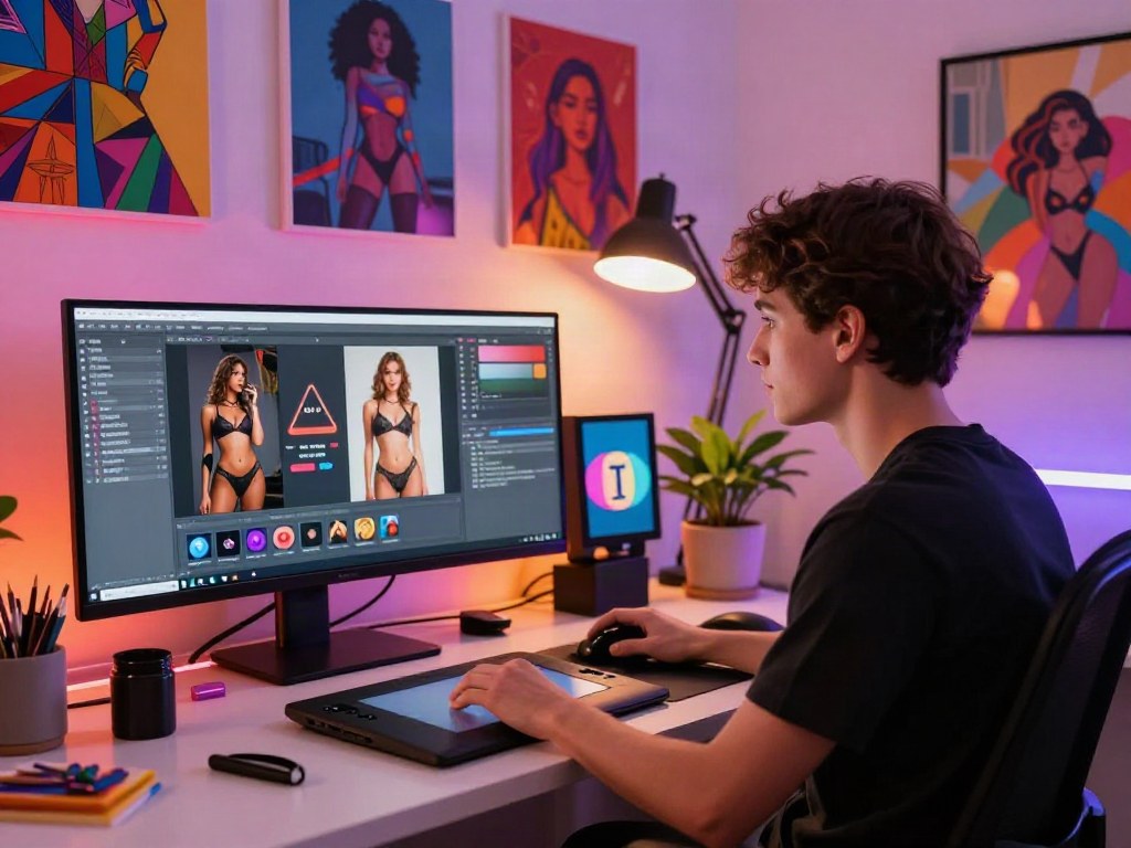 Creative workspace with an artist using an ai porn generator, showcasing modern digital art tools and lively atmosphere.