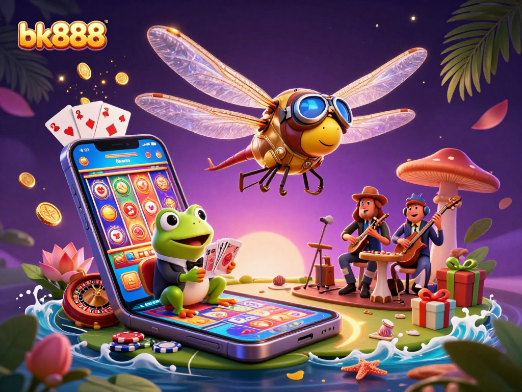 Experience bk888's casino excitement with a lively dragonfly pilot and frog croupier amidst vibrant slot games.