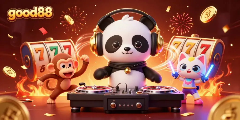 Join the fun at good88 with a DJ panda, a breakdancing monkey, and a glow-stick kitten surrounded by slot reels.