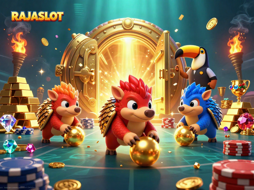 Berpartisipasi dalam keseruan RAJASLOT dengan pangolins bertarung di dalam tumpukan chip poker.