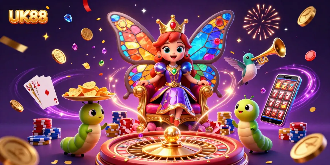 UK88 captures excitement with a 3D butterfly queen, golden chips, and festive casino elements.